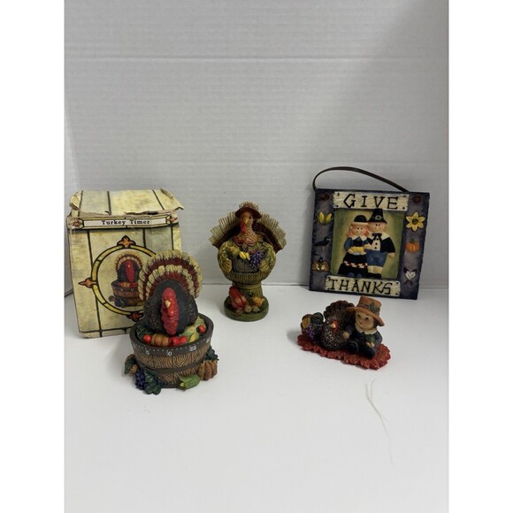 4 Piece Thanksgiving Lot Kitchen Timer Hanging Trivet Figurines - Picture 1 of 11